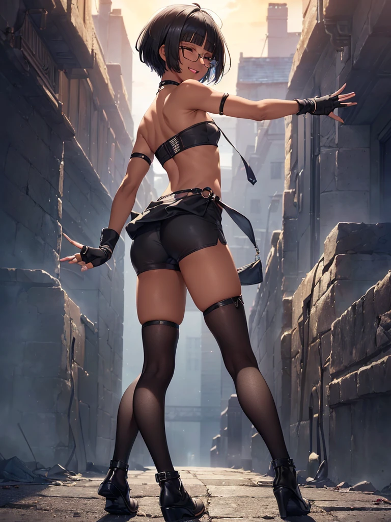 (from behind:1.5),(flat chest:1.4), (masterpiece:1.2), highest quality, High resolution, unity 8k wallpaper, (fine and beautiful eyes:1.6), highly detailed face, perfect lighting, Detailed CG, (perfect hands, perfect anatomy:1.3), (1 female:1.4), (20 years old female:1.4),( black hair:1.3), extremely beautiful detailfeminine face and eyes, (evil smile:1.3), detailed eyes, best quality,( dark skin:1.8), extremely detailed, very precise detailed,(glasses:1.3), (blunt bangs:1.3), open mouth, (very short hair:1.4),(fingerless gloves:1.5), (half closed eyes:1.5),(strapless tube top:1.4),bike shorts,(full_body:1.3), navel,tongue_out, (looking_at_viewer:1.3),