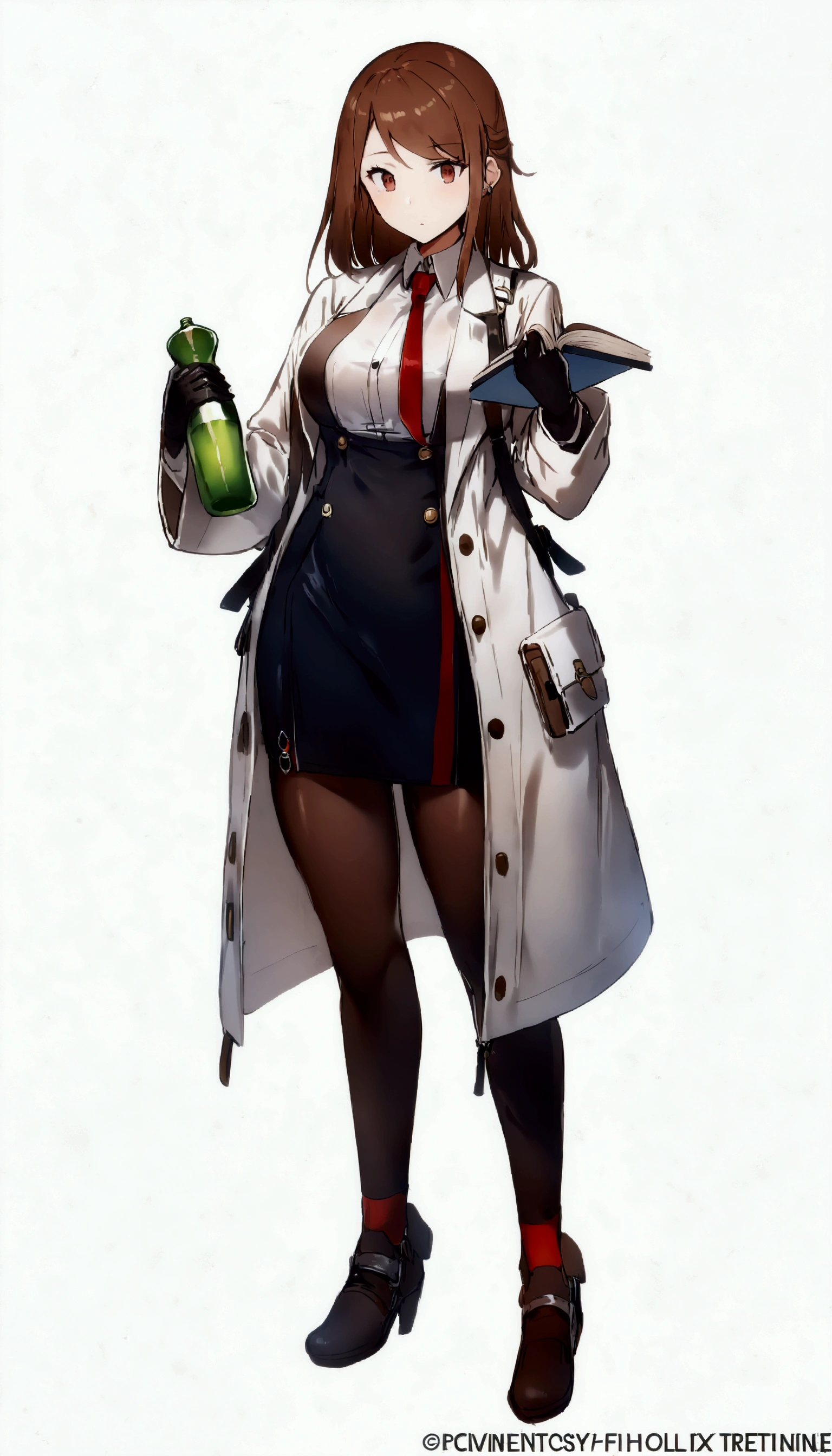 a woman in a white coat holding a green bottle and a book, (hair swept bangs:1.3), (brown hair:1.3), from girls frontline, fine details. girls frontline, gordon freeman as a woman, anya from spy x family, girls frontline universe, makoto shinka, girls frontline style, professor clothes, girls frontline, girls frontline cg, yayoi kasuma, with a lab coat, female protagonist 👀 :8
