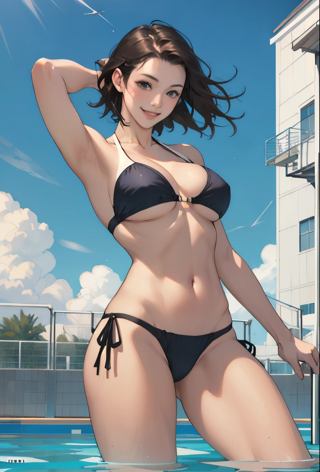 Realistic、Face reality、With a girl、Swimwear、Sexy smile、My breasts have gotten a little bigger、Sexy pose、High diving board、Bandeau bikini、Less fabric area、