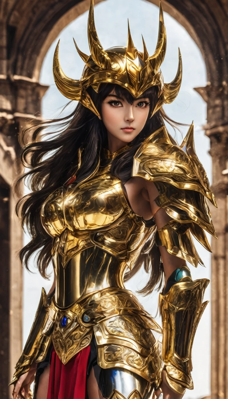 best quality, Practical, photoPractical, Award-winning photography, (Intricate details, Royal Palace: 1.2), (Subtle details), (Intricate details), (Movie Lighting, Super sexy long-haired female eyes wearing Taurus armor,gold，Wearing a Taurus Helmet , gold，Domineering，Giant Bounce Box, Sexy long legs, Showing belly，Plump body dynamic sexy pose, Saint Seiya, Colorful、Well-crafted armor, Saint Seiya, Leg armor,, ),