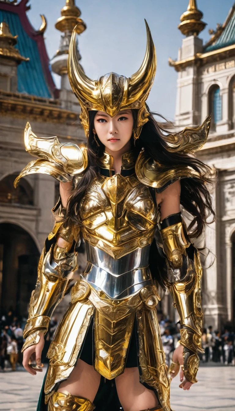 best quality, Practical, photoPractical, Award-winning photography, (Intricate details, Royal Palace: 1.2), (Subtle details), (Intricate details), (Movie Lighting, Super sexy long-haired female eyes wearing Taurus armor,gold,Wearing a Taurus Helmet , gold,Domineering,Giant Bounce Box, Sexy long legs, Showing belly,Plump body dynamic sexy pose, Saint Seiya, Colorful、Well-crafted armor, Saint Seiya, Leg armor,, ),