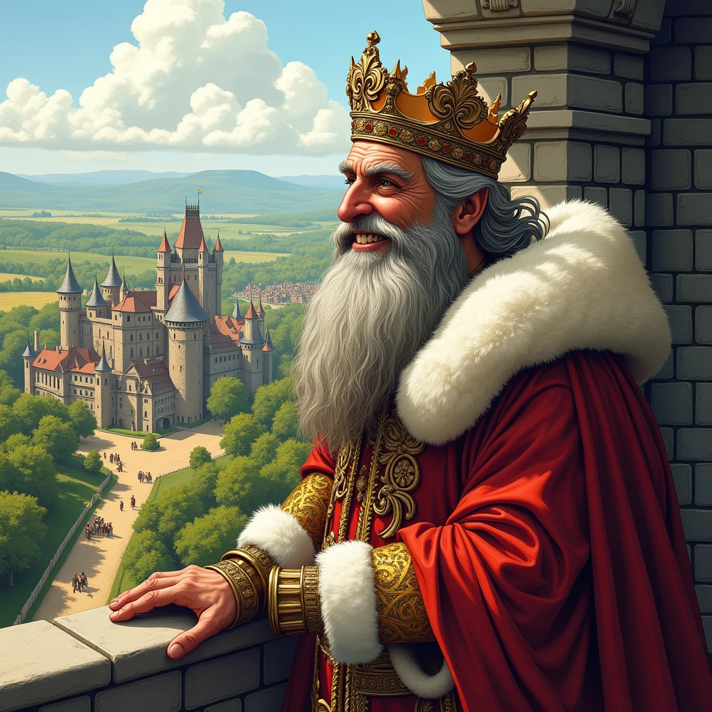 "A highly detailed illustration of a king standing on a castle balcony, looking disdainfully over his kingdom. The king has a thick, flowing beard and is dressed in elaborate royal attire, including a fur-lined cloak and a jewel-encrusted crown. His lips are curled in a mocking smile. The background includes a view of a medieval village with peasants below."