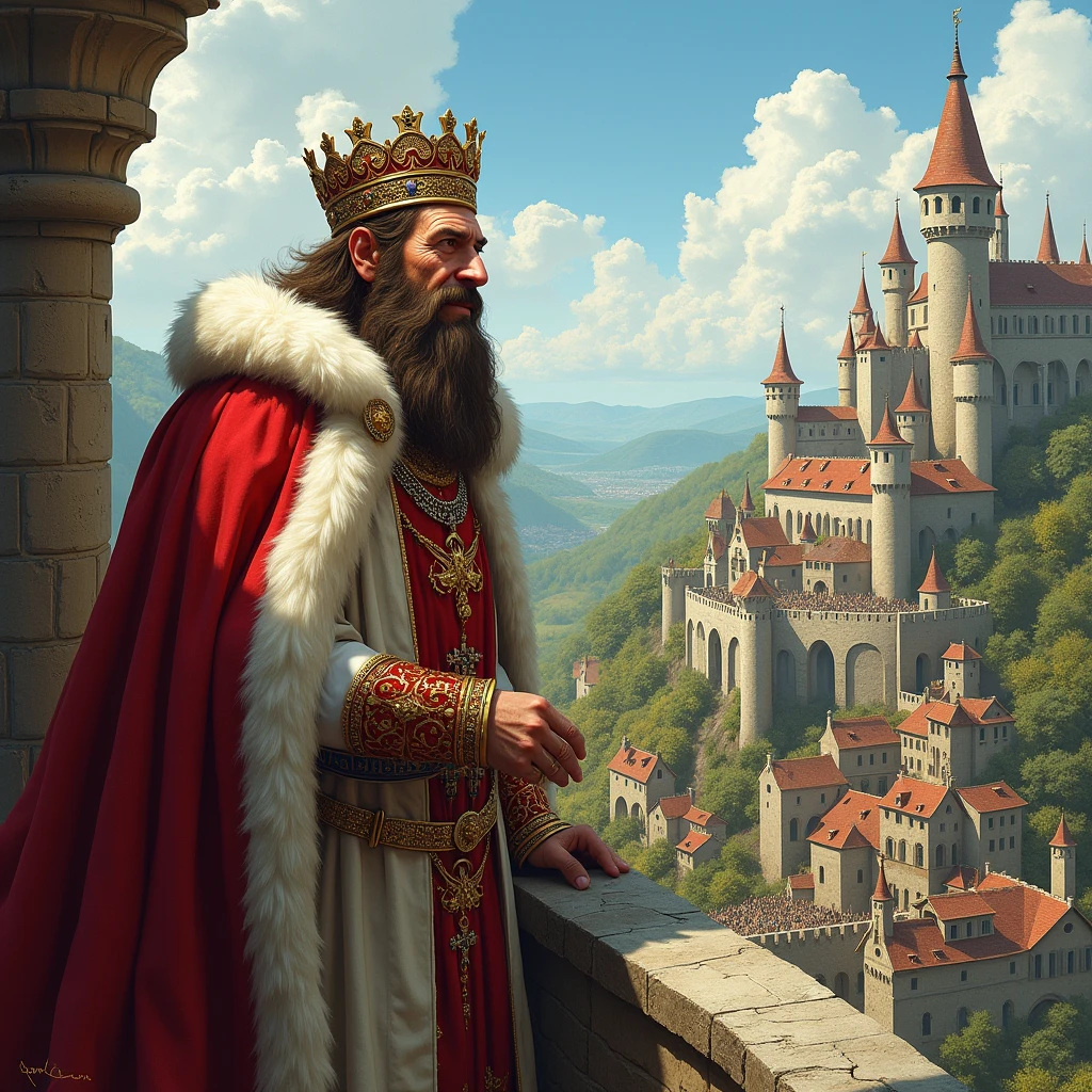 "A highly detailed illustration of a king standing on a castle balcony, looking disdainfully over his kingdom. The king has a thick, flowing beard and is dressed in elaborate royal attire, including a fur-lined cloak and a jewel-encrusted crown. His lips are curled in a mocking smile. The background includes a view of a medieval village with peasants below."