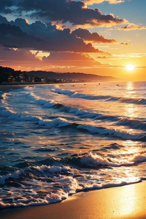 Highest quality、The beach where the sun sets、Orange sky、Shadow of a person
