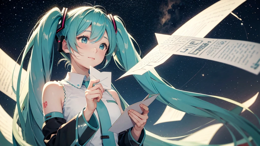 Under the quiet night sky、An image depicting Hatsune Miku reading a letter of thanks。