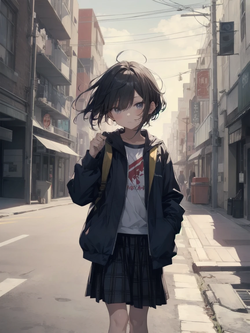 God-like quality, Anime Moe Art Style,Best Anime 8K Konachan Wallpaper,Amazing anime 8k,Perfect Anatomy, (Please draw a girl walking sleepily to school.. ),break, One girl, (alone,change,child,13 years old:1.3),Middle school students, The charm of androgyny, (Very short hair),Messy Hair, Complete limbs, Full Finger,Flat Chest, Small Ass, between legs, Small eyes,Precise black eyes,Disgusted Eyes, school uniform, School zone. break,Very detailed,High resolution,Very detailed肌, Professional Lighting,8k eye detail, (cool illustration:1.2),