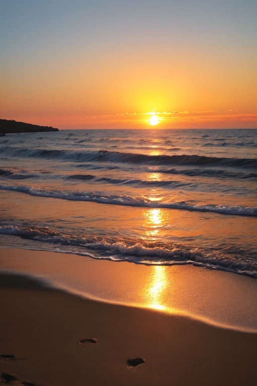 Highest quality、The beach where the sun sets、Orange sky、Shadow of a person