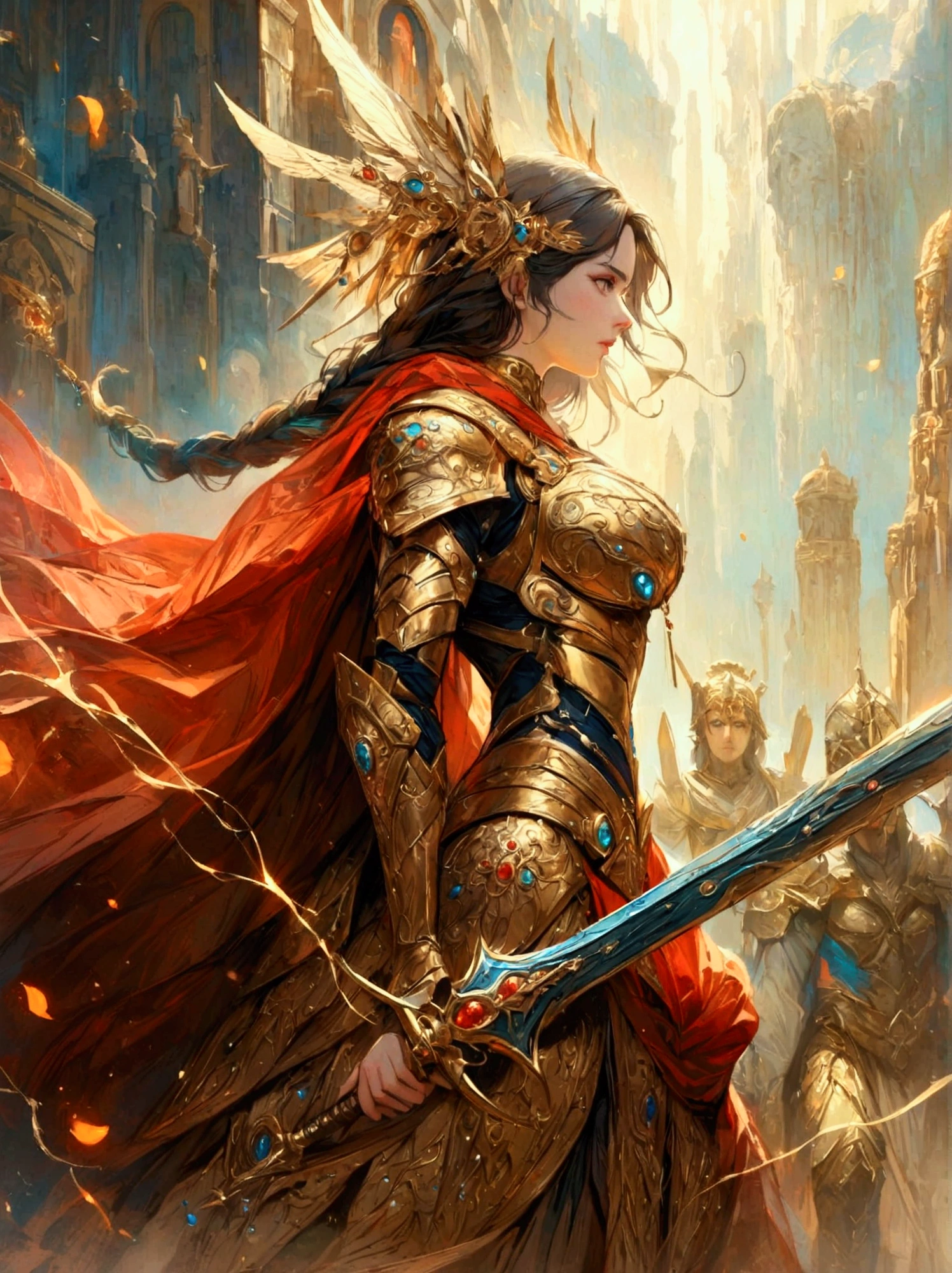 A majestic warrior, swathed in shimmering armor and brandishing a grand sword, is standing in the middle of an intense battle. This scene takes inspiration from the key elements of Gustav Klimt's celebrated golden era. The composition is vibrant and lively, with bold strokes. The palette of colors used are intense, and they beautifully illustrate the raw strength and unwavering spirit of the warrior. This digital painting, employs a myriad of digital techniques, giving it a soft and delicate quality that adds an otherworldly charm to the tumultuous battlefield. Be engrossed in this enthralling world of high fantasy, where lore is crafted and champions vie. Admire the complex adornment of the warrior's armors, the shining edge of the blade, and the active energy of the battle happening before you. Every stroke of this digital work of art catapults you to a universe where bravery and determination are the order of the day.