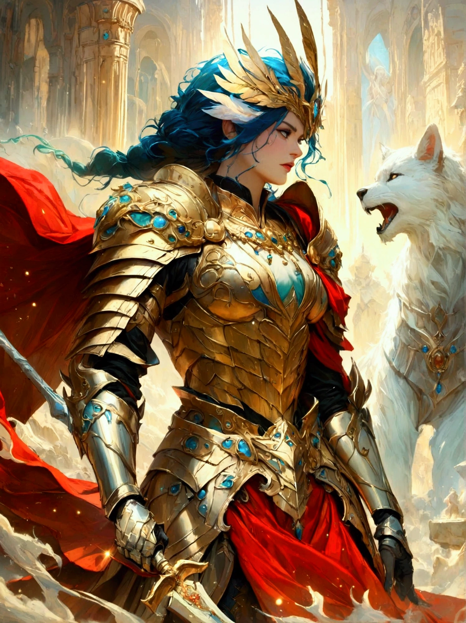 A majestic warrior, swathed in shimmering armor and brandishing a grand sword, is standing in the middle of an intense battle. This scene takes inspiration from the key elements of Gustav Klimt's celebrated golden era. The composition is vibrant and lively, with bold strokes. The palette of colors used are intense, and they beautifully illustrate the raw strength and unwavering spirit of the warrior. This digital painting, employs a myriad of digital techniques, giving it a soft and delicate quality that adds an otherworldly charm to the tumultuous battlefield. Be engrossed in this enthralling world of high fantasy, where lore is crafted and champions vie. Admire the complex adornment of the warrior's armors, the shining edge of the blade, and the active energy of the battle happening before you. Every stroke of this digital work of art catapults you to a universe where bravery and determination are the order of the day.