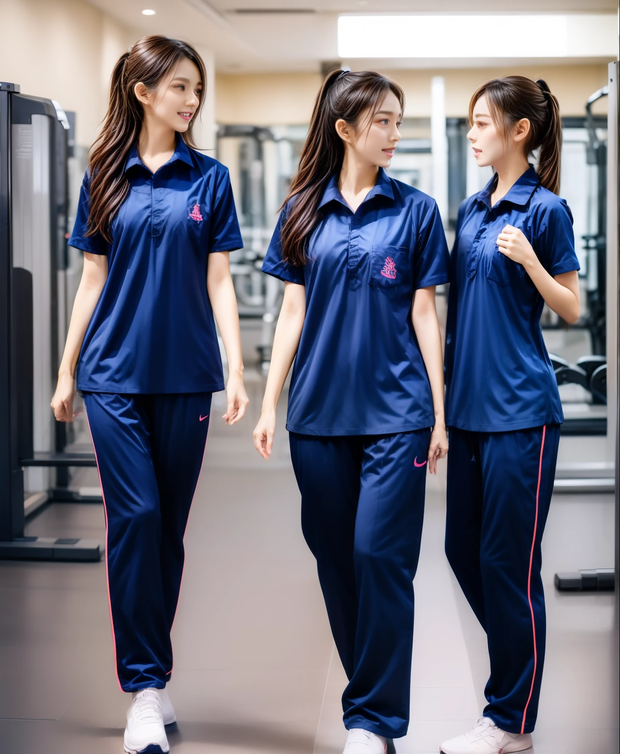 3 girls in fitness center, Navy blue short-sleeved shirt,Navy Long Trackpant,Sweatpants, Sweatpantsขายาว,25 year old girl, lesbian, sexy, exercise clothes, wet body, exercise clothes