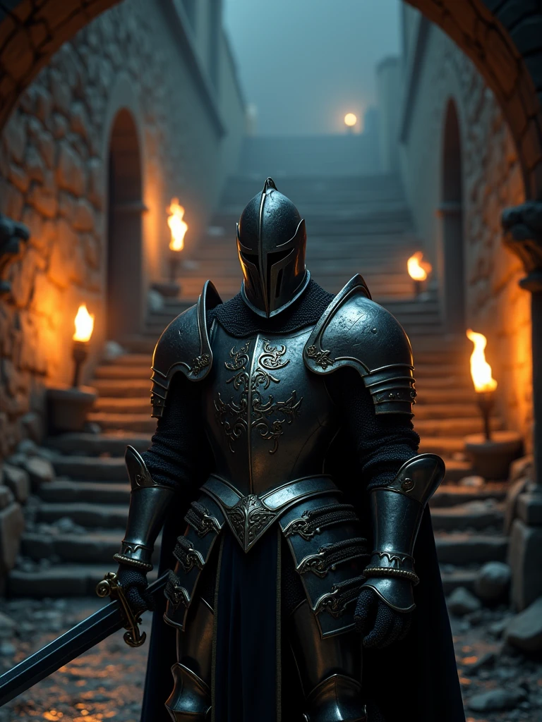(masterpiece:1.2), (best quality:1.2), 8k, HDR, ultra detailed, ((photorealistic)), professional light, cinematic lighting, fashion photography, ambient lighting, background, a dark medieval dungeon, Darkness, epiCPhoto, fire, stairs, A Knight in armor holding a sword