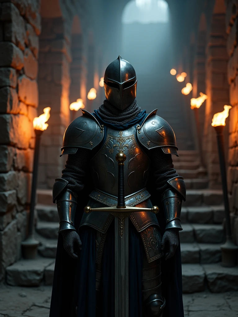 (masterpiece:1.2), (best quality:1.2), 8k, HDR, ultra detailed, ((photorealistic)), professional light, cinematic lighting, fashion photography, ambient lighting, background, a dark medieval dungeon, Darkness, epiCPhoto, fire, stairs, A Knight in armor holding a sword
