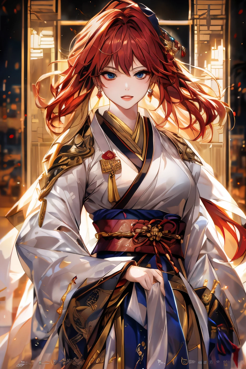((best quality)), ((Masterpiece)), (details:1.4), 3d, HDR (high dynamic range), mature woman, เหมือนจริง, Curtain Bangs, Red hair, "้ระำ eyes, PBR surface, After processing, Anisotropic filtration,depth of field, Maximum clarity and clarity, multi-layered surface, perfect proportions, 8K raw files, at night, ผมหลายชั้น, Cyber Samurai Girl, โกรธ, ศาลเจ้า