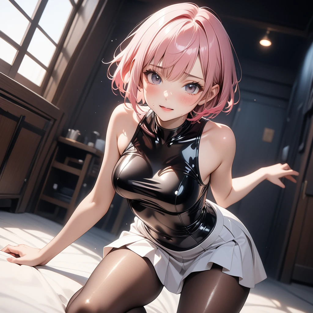 ((Goddess of Judgment)), ((skirt)), ((pantyhose)), ((shiny outfit)),, skindentation, skinny, solo, 1 woman, Masterpiece, highest quality, highest quality, 16K, incredibly absurd, highly detailed, 2.5D, ai-generated, delicate and dynamic, very delicate facial expressions, delicate eye depiction, erotic, only sexy woman, ((A cute and kind face)), healthy figure, ((25-year-old woman)), 160cm tall, medium firm swaying bust, (short hair), (pink hair:1.5), bob cut, black eye, blush, Sweat,Embarrassed,sexy, ((thin thighs)), (camel toe:0.7), (visible nipples:0.3), (Erect nipples,:0.7), shiny and lustrous, facing straight at viewer, (((in heat))), ((Oily_skin)), ((dutch angle)), ((erotic pose)),