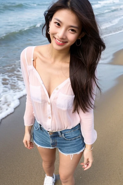 ((best quality)), ((masterpiece)), (detailed),A 30-year-old Indonesia woman poses on the beach in a thigh-high pink linen blouse, wearing jeans, wearing shoes. Her face is very beautiful, her skin is flawless, and she has beautiful smooth facial features. His long, wavy hair is brown, his eyes are gray, and he has an overbite. This woman is wearing white gold earrings and smiling faintly with a feminine bohay body, standing tall facing the viewer ((full body))
