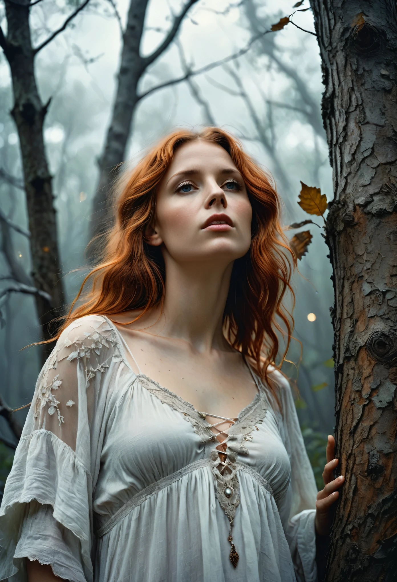 Full portrait, Realistic, Photorealistic, analog photo, Highly detailed, cinematic rendering, Wild Dead Forest, evening, Cute 24-year-old woman, Leaning back in a tree and looking up at the grey cloudy sky, Redhead, Sexy, Dressed in a white tattered nightgown, Black leaves float in the air, Behold, the glittering particles flutter, classical painting composition, Dark gloomy background, An atmosphere of melancholy and sadness, surreal photo, by Alphonse Mucha, detailed perfect face, Melancholic eyes, Faded colors, cinematic  composition