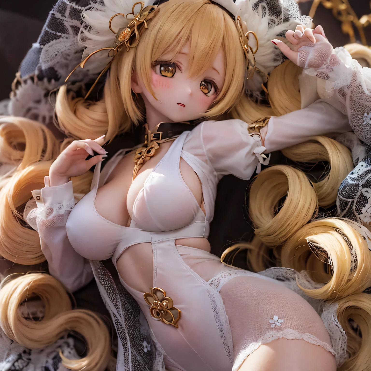 Detailed, Beautiful woman with expressive eyes, Perfect Face, Golden long hair, Golden Eyes, Pink Lips, Attention to detail, Anime Style, Bright colors, cute, Thick and sensual lips, Curvaceous and sensual body, Lie in bed blushing (nude)v-arms、Curled side pigtails