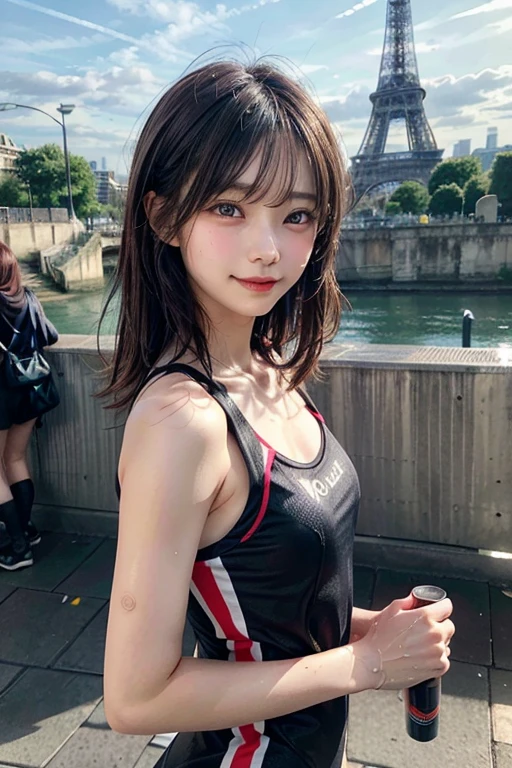 The city of Paris at sunset。Accentuated with the colors of the Japanese flag、A Japanese woman in her twenties wearing stylish running clothes、The moment of cutting the finish line with the Eiffel Tower in the background。My hair is wet with sweat、Fluttering in the wind。Amid cheers from the crowd and confetti flying、She raised her fist vigorously、Expressing the joy of victory。The camera flashes、Her eyes are shining。With a realistic texture like a photo、Portrait-style illustrations that focus on the subject。Using backlight、Make her hair and outfit shine、Creates a dramatic atmosphere。Sweaty skin and、muscle movements etc.、Expressing a dynamic appearance。