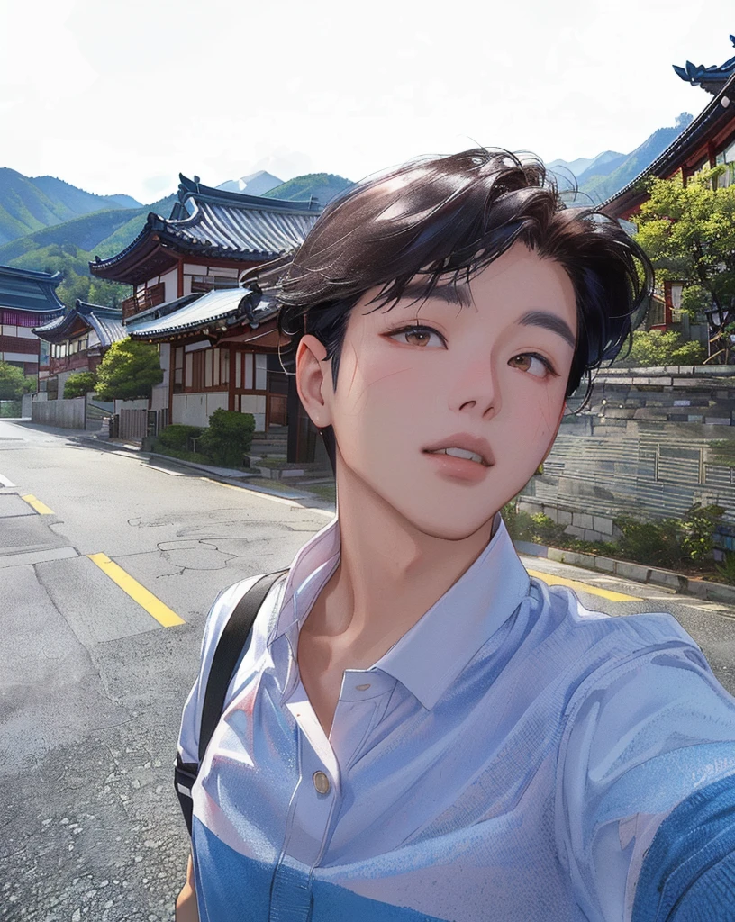 there is a woman taking a selfie on the street, with mountains in the background, inspired by Yeong-Hao Han, taejune kim, kim doyoung, south korean male, hyung tae, hong june hyung, inspired by jeonseok lee, with mountains in background, jimin, inspired by Kim Myeong-guk, jaeyeon nam, seseon yoon