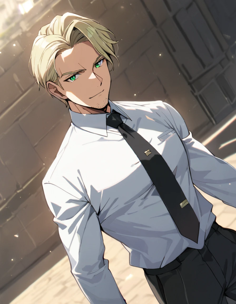 1man, veteran spy agent, handsome mature, business hair with asymmetrical bangs, narrow stubble, green platina blond hair, emerald eyes, 45yo, charming caucasian, ordinary uncle, pentagon shaped, BREAK ideal ratio body proportions, middle weight muscular, beautiful detailed eyes, dark iris, BREAK solo, businessman in black suit, black necktie, white shirt, softly smile, at wall street, detailed background, BREAK upperlegs, dandy posing, dramatic expression, 2000s, visual novel, in newest eroge style, dutch angle, cinematic shadows, cinematic lighting, lens flare, light leaks, texture, absurdres absolutely resolution, extreme all detailed, masterpiece, best quality