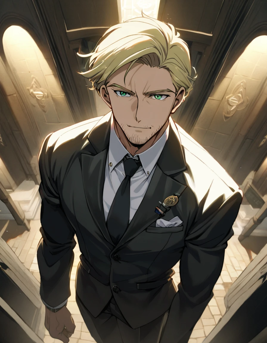1man, veteran spy agent, handsome mature, business hair with asymmetrical bangs, narrow stubble, green platina blond hair, emerald eyes, 45yo, charming caucasian, ordinary uncle, pentagon shaped, BREAK ideal ratio body proportions, middle weight muscular, beautiful detailed eyes, dark iris, BREAK solo, businessman in black suit, black necktie, white shirt, softly smile, at wall street, detailed background, BREAK upperlegs, dandy posing, dramatic expression, 2000s, visual novel, in newest eroge style, dutch angle, cinematic shadows, cinematic lighting, lens flare, light leaks, texture, absurdres absolutely resolution, extreme all detailed, masterpiece, best quality
