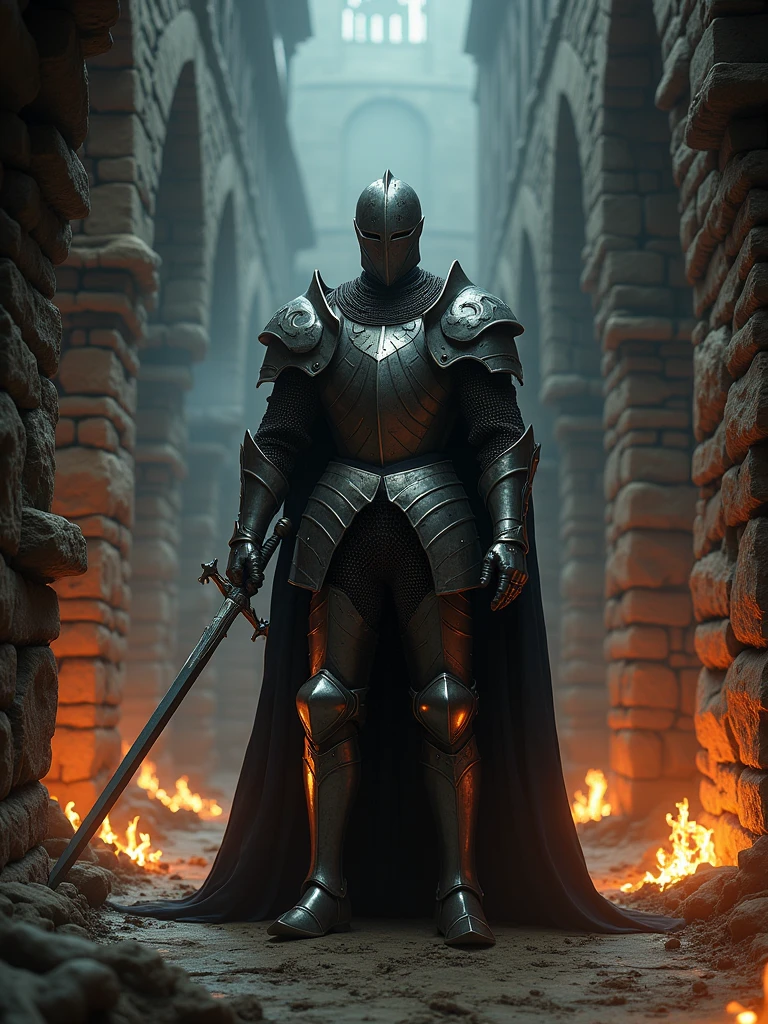 (masterpiece:1.2), (best quality:1.2), 8k, HDR, ultra detailed, ((photorealistic)), professional light, cinematic lighting, fashion photography, ambient lighting, background, a dark medieval dungeon, Darkness, epiCPhoto, fire, stairs, A Knight in armor holding a sword