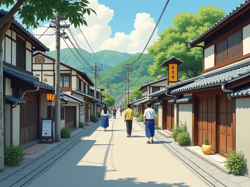 A street scene painting of people walking along the street, a hyperrealistic painting inspired by Hasui Kawase, Pixiv, Ukiyo-e, Japanese Street, Japanese Village, Japan Streets, Japanese cities, Japanese Watercolor Painting, Japanese countryside, hiroya oku painterly, Luxury hot spring, Japanese hot springs, Dreamy city in China, Japanese art style