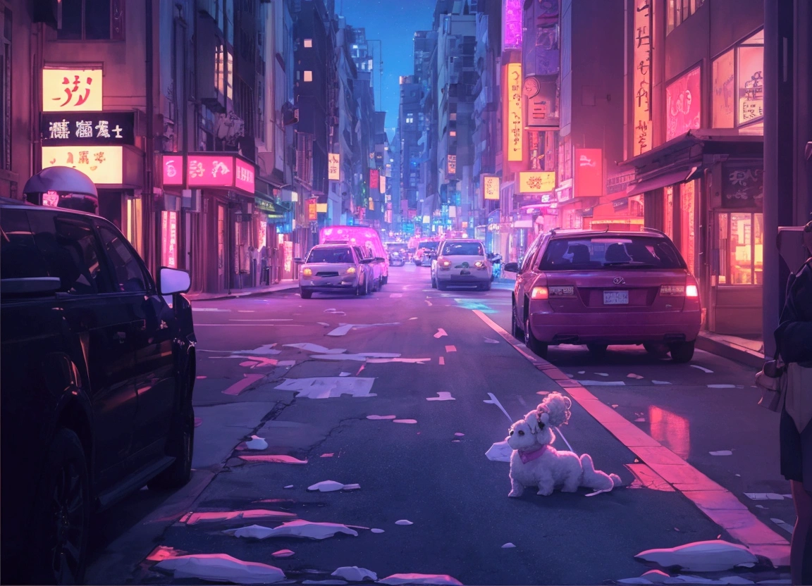 A white poodle,big ear,Pink bow on chest,Carrying a small bag,Shoulder bag,High-spirited,Hold your head high,your tail,Limbs with dense hair,ue5 render,3D Rendering,8k,Anime style,Hand-drawn style,Rich details