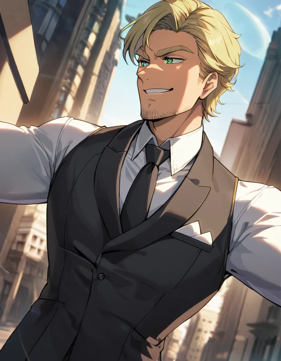 1man, veteran spy agent, handsome mature, business hair with asymmetrical bangs, stubble, green platina blond hair, emerald eyes, BREAK 45yo, charming caucasian, ordinary uncle, square shaped, cool boss, vigorous, friendry, BREAK ideal ratio body proportions, middle weight muscular, beautiful detailed eyes, captivating eye reflections, dark iris, broad waist, ugly, BREAK solo, businessman in black suit, black necktie, white shirt, softly smile, at wall street, detailed background, BREAK upperlegs, dandy posing, dramatic expression, 1980s, retro visual novel, in newest eroge style, dutch angle, cinematic shadows, cinematic lighting, lens flare, light leaks, BREAK texture, absurdres absolutely resolution, extreme all detailed, masterpiece, best quality