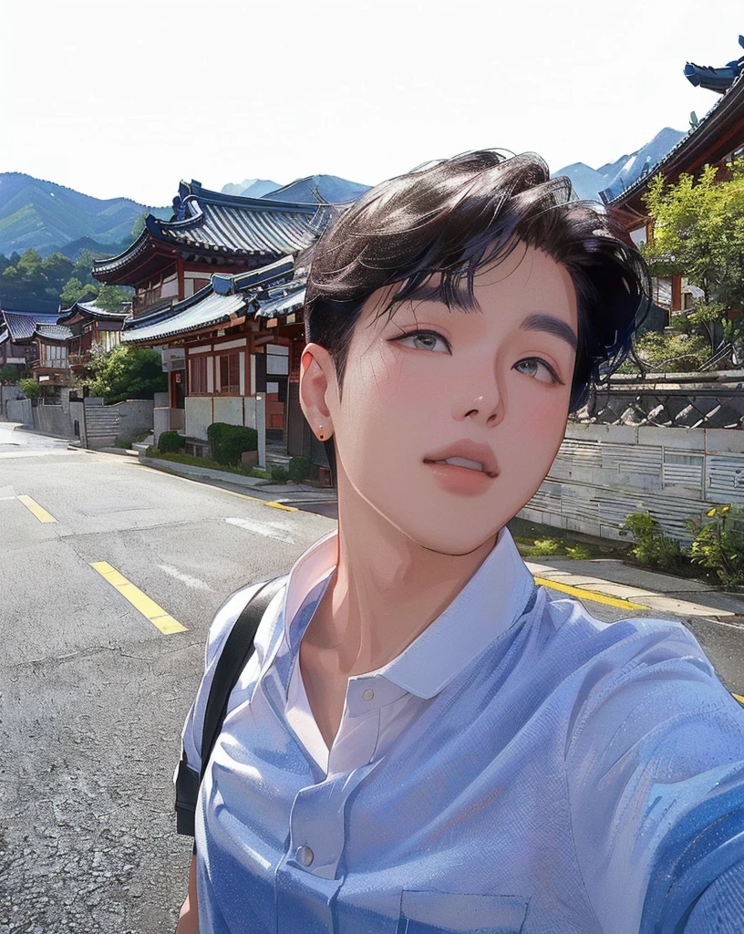 there is a woman taking a selfie on the street, with mountains in the background, inspired by Yeong-Hao Han, taejune kim, kim doyoung, south korean male, hyung tae, hong june hyung, inspired by jeonseok lee, with mountains in background, jimin, inspired by Kim Myeong-guk, jaeyeon nam, seseon yoon