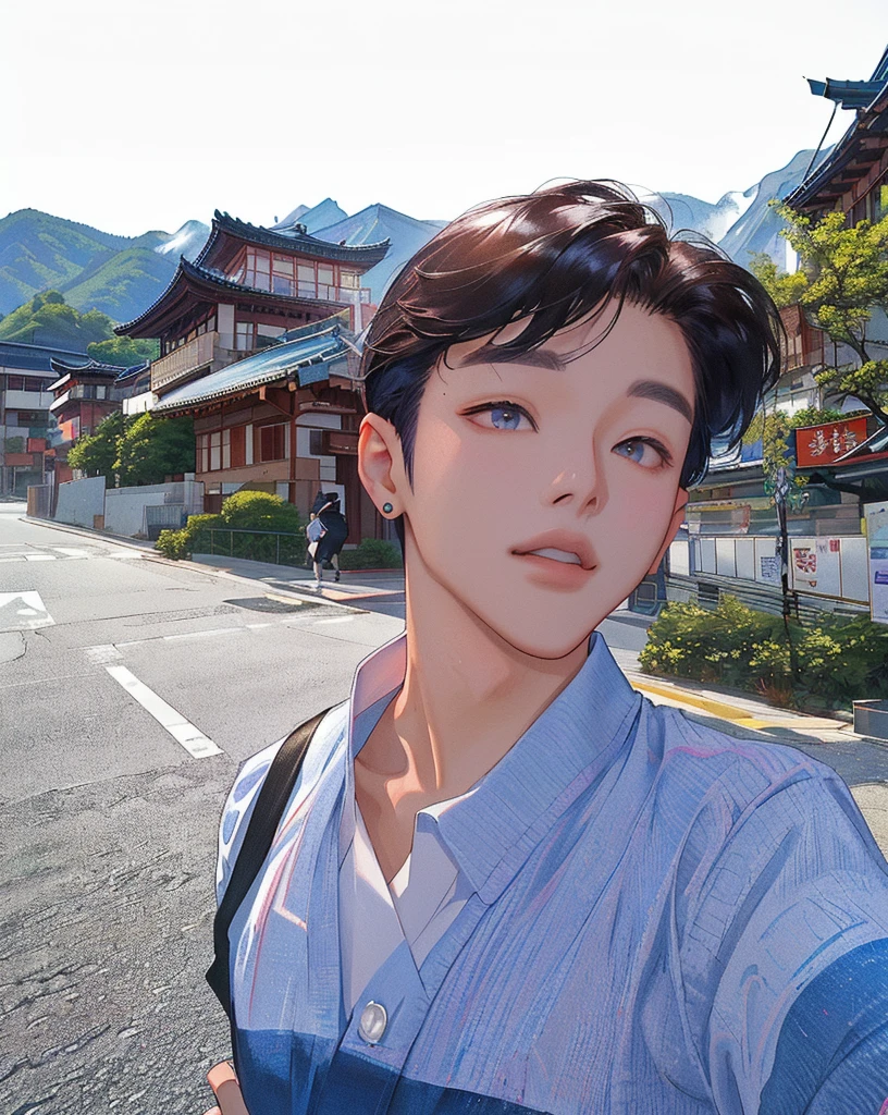 there is a woman taking a selfie on the street, with mountains in the background, inspired by Yeong-Hao Han, taejune kim, kim doyoung, south korean male, hyung tae, hong june hyung, inspired by jeonseok lee, with mountains in background, jimin, inspired by Kim Myeong-guk, jaeyeon nam, seseon yoon