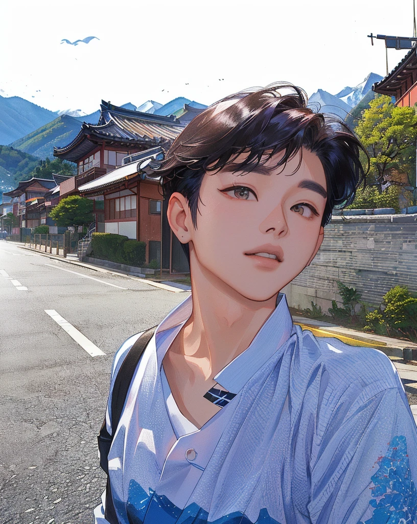 there is a woman taking a selfie on the street, with mountains in the background, inspired by Yeong-Hao Han, taejune kim, kim doyoung, south korean male, hyung tae, hong june hyung, inspired by jeonseok lee, with mountains in background, jimin, inspired by Kim Myeong-guk, jaeyeon nam, seseon yoon