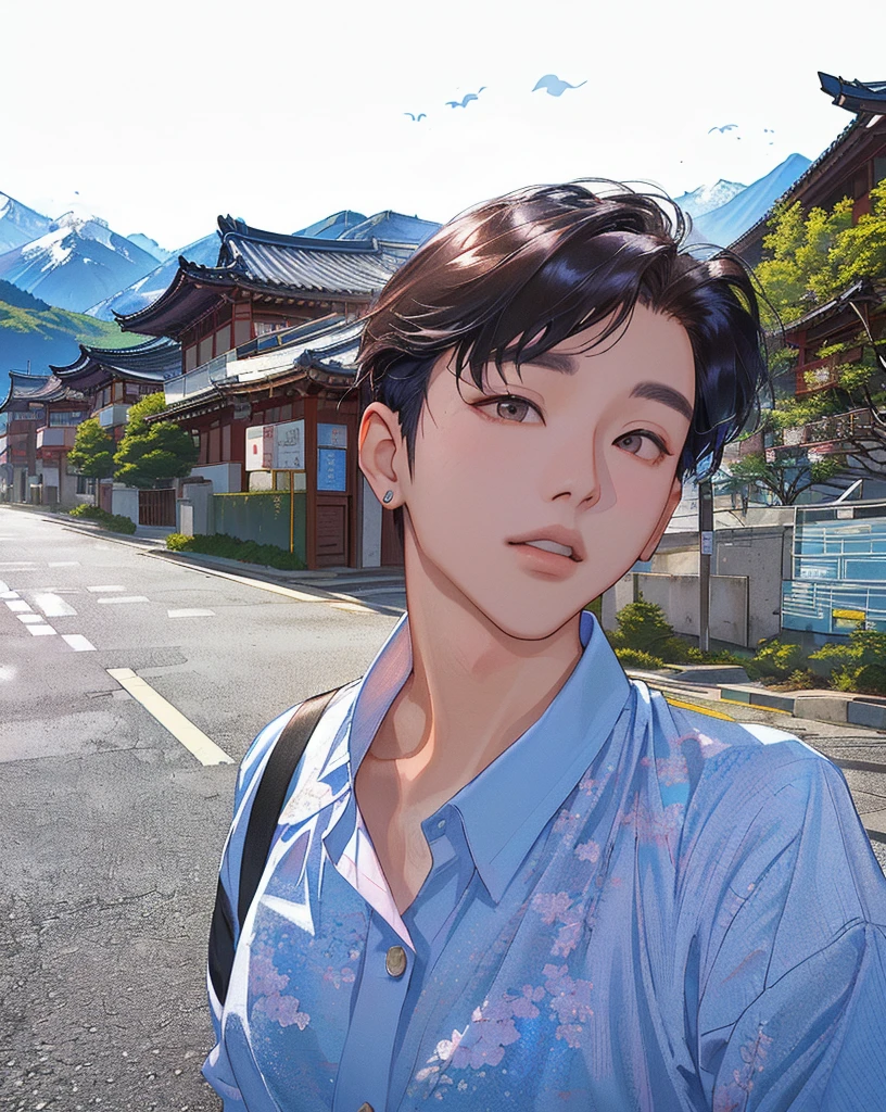 there is a woman taking a selfie on the street, with mountains in the background, inspired by Yeong-Hao Han, taejune kim, kim doyoung, south korean male, hyung tae, hong june hyung, inspired by jeonseok lee, with mountains in background, jimin, inspired by Kim Myeong-guk, jaeyeon nam, seseon yoon