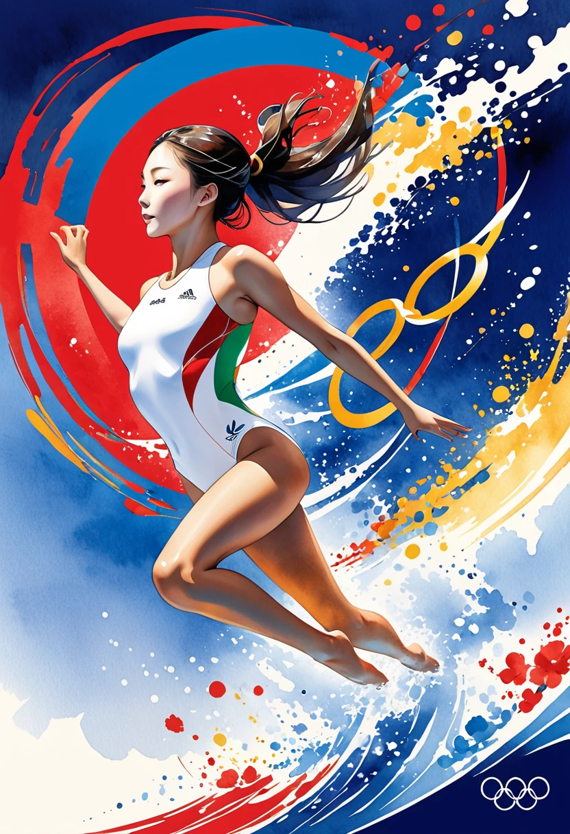The cover design for a series of 'Olympic Movement' posters is a striking tribute to the spirit of the Games, featuring two Asian divers in the graceful and synchronized women's synchronized 10m platform event. Above them, the silhouette of the diving platform is captured in a moment of stillness, symbolizing the precision and teamwork required in the sport. The Olympic rings are subtly integrated into the background, connecting the image to the broader Olympic legacy.
White serves as a canvas for the dynamic scene, while red pulses with the energy and heart of the competition, and black adds depth and contrast, highlighting the swimmer's powerful form. The overall design is a testament to the excitement and anticipation that builds towards the pinnacle of athletic achievement, with a watercolor style that lends an air of elegance and motion to the entire composition