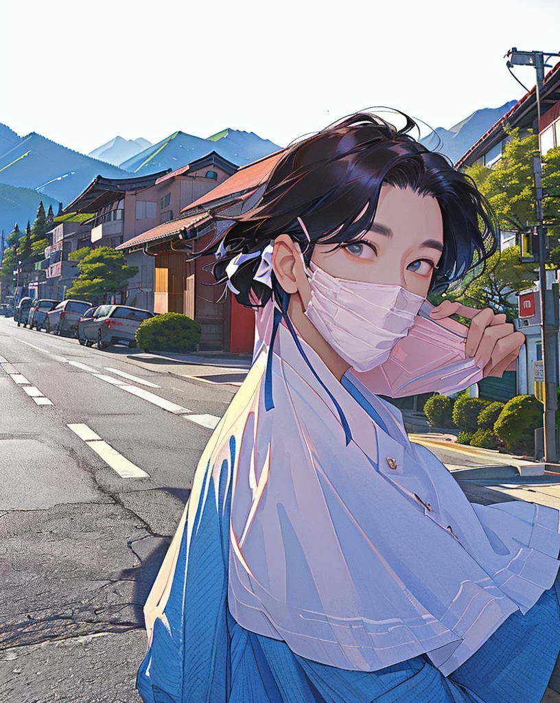 there is a woman taking a selfie on the street, with mountains in the background, inspired by Yeong-Hao Han, taejune kim, kim doyoung, south korean male, hyung tae, hong june hyung, inspired by jeonseok lee, with mountains in background, jimin, inspired by Kim Myeong-guk, jaeyeon nam, seseon yoon
