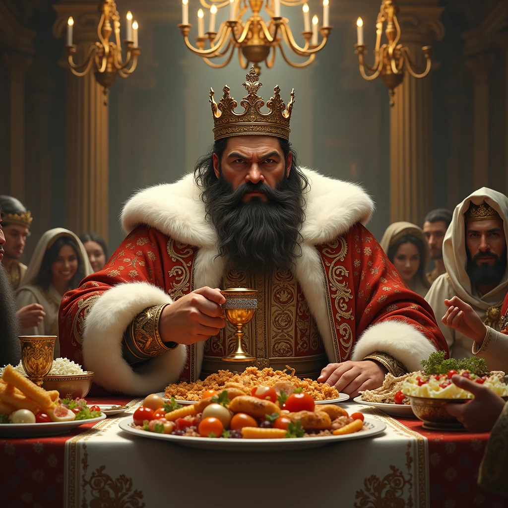 "Draw a lifelike, realistic image of a king sitting at a grand banquet table, with a haughty and contemptuous expression. The king has a full beard and is wearing a lavish crown and a richly embroidered robe, holding a goblet. His eyes are half-closed in a dismissive look. The background includes a grand feast with noble guests, abundant food, and chandeliers overhead."