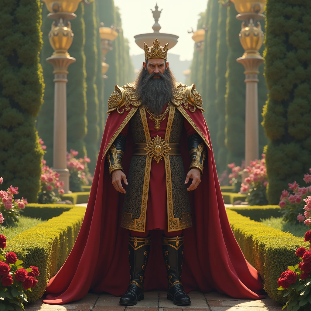 "Create a realistic image of a king standing in a majestic garden, looking down his nose at something with a smirk. The king has a long, well-kept beard, is dressed in a royal outfit with a golden crown and a flowing cape. His expression is one of mockery. The background includes manicured hedges, blooming flowers, and a grand fountain."