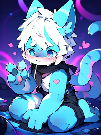 Cat，male，charming，Handsome，White hair，Blue pupils，Heart pupil，Gold Leisure Instance，detailed，Futuristic，Cyberpunk，Purple background，Kneel down，Shota，hairy，detailed手，lay eggs，pain，Tears，Tentacles，，Covered in paint，Slimy，Slobber，Colored paint，