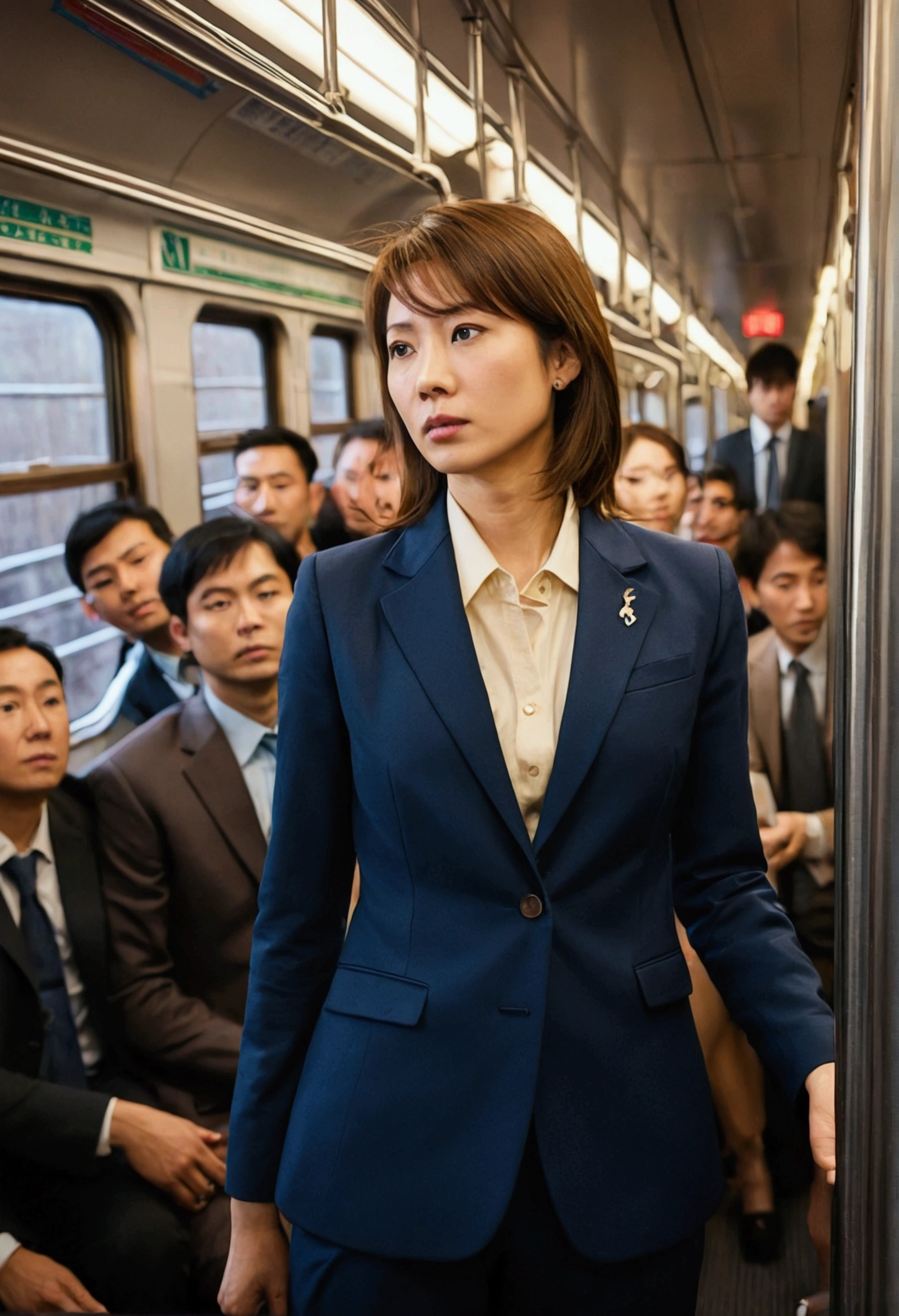 An office lady in a suit gets on a crowded train