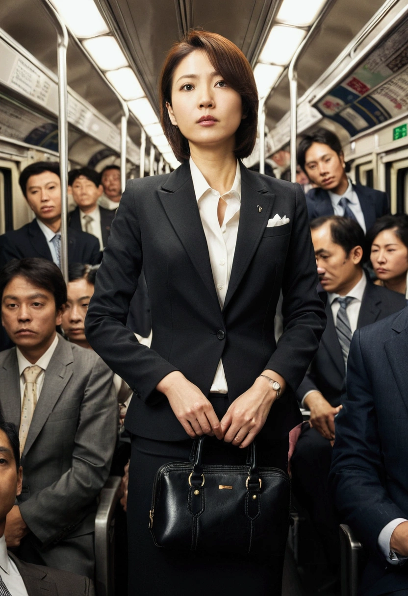 An office lady in a suit gets on a crowded train