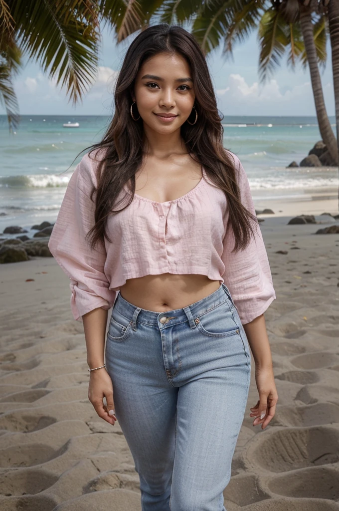 A 30-year-old Indonesia woman poses on the beach in a thigh-high pink linen blouse, wearing jeans, wearing shoes. Her face is very beautiful, her skin is flawless, and she has beautiful smooth facial features. His long, wavy hair is brown, his eyes are gray, and he has an overbite. This woman is wearing white gold earrings and smiling faintly with a feminine bohay body, standing tall facing the viewer ((full body))