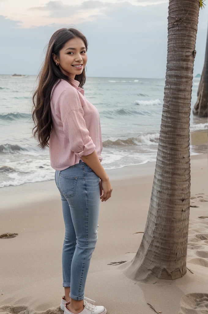 A 30-year-old Indonesia woman poses on the beach in a thigh-high pink linen blouse, wearing jeans, wearing shoes. Her face is very beautiful, her skin is flawless, and she has beautiful smooth facial features. His long, wavy hair is brown, his eyes are gray, and he has an overbite. This woman is wearing white gold earrings and smiling faintly with a feminine bohay body, standing tall facing the viewer ((full body))