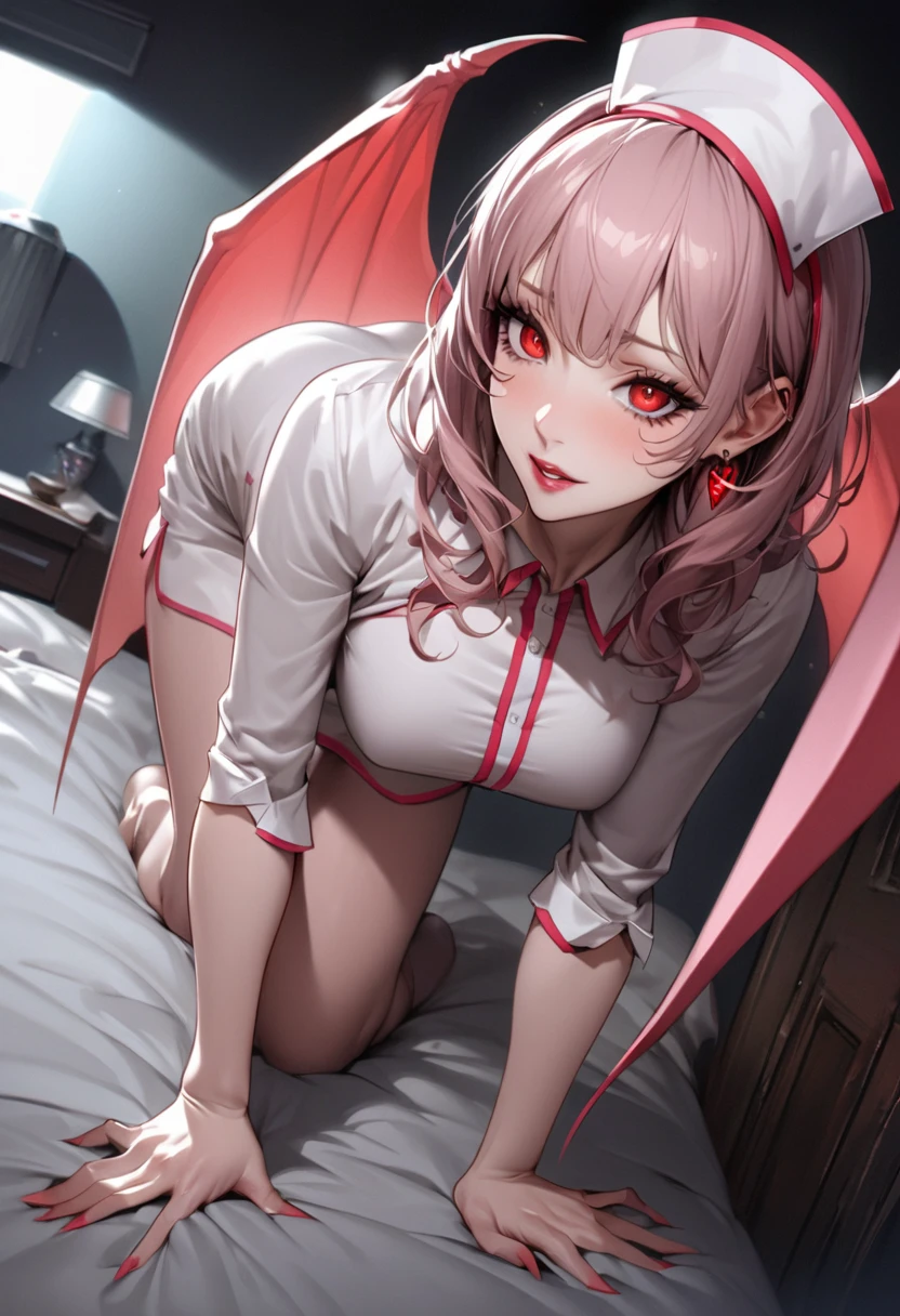 (Nurse's outfit),devil horns, red eyes, In the hospital room, Mind control by a succubus, Sexy latex strip, 3P sex, with devil&#39;s wings, Inverted cross necklace, big bust,Nurse's outfit, dark, night, pigtails