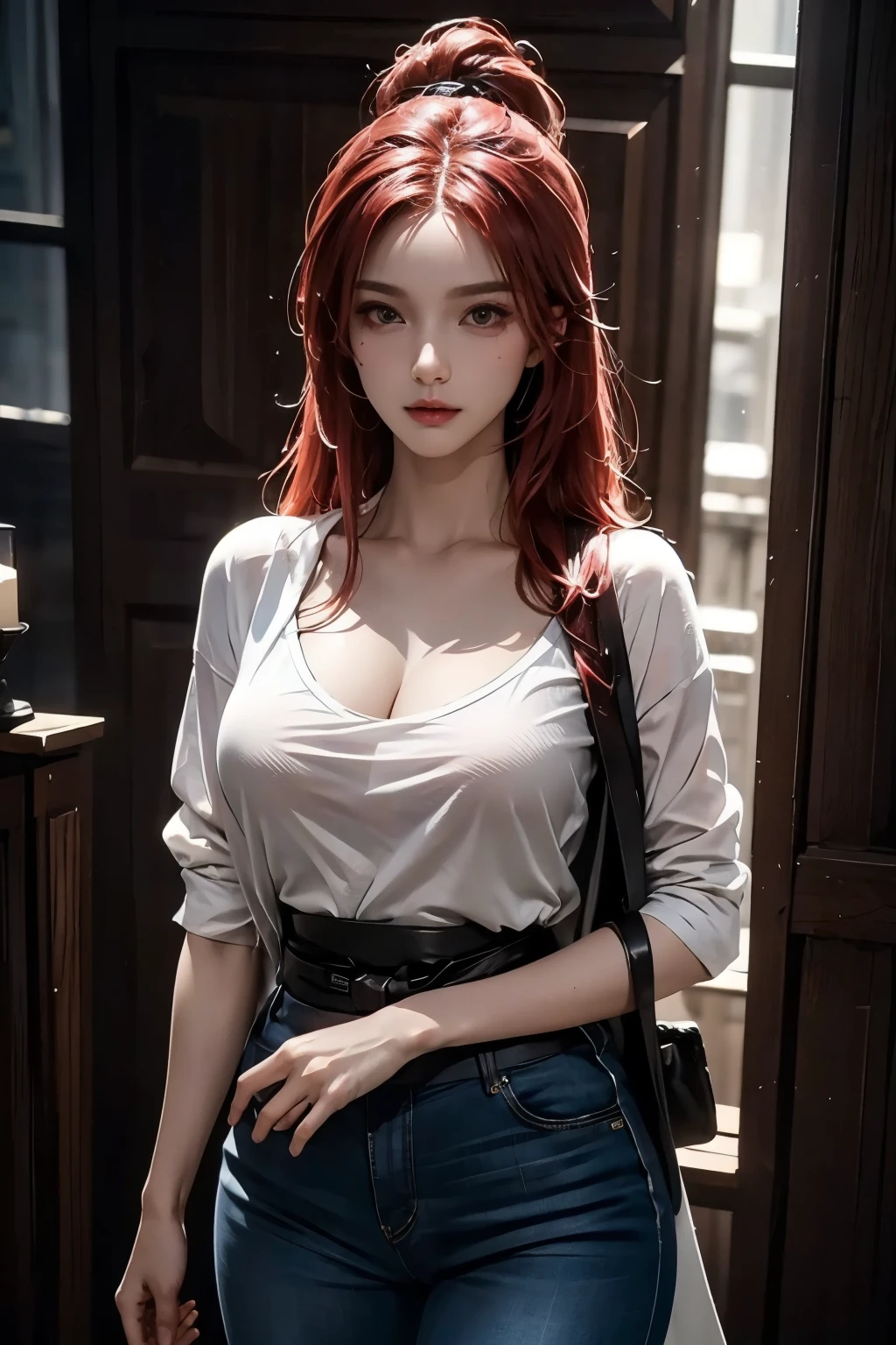 ((best quality)), ((Masterpiece)), (details:1.4), 3d, HDR (high dynamic range), mature woman, เหมือนจริง, Curtain Bangs, Red hair, "้ระำ eyes, PBR surface, After processing, Anisotropic filtration,depth of field, Maximum clarity and clarity, multi-layered surface, perfect proportions, 8K raw files, at night, ผมหลายชั้น, Cyber Samurai Girl, โกรธ, ศาลเจ้า