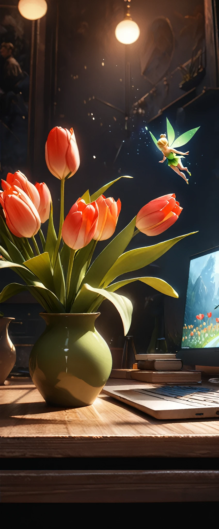 (8k, Highest quality, masterpiece: 1.2), (Realistic: 1.37), Very detailed, Close-up, (Tinkerbell and Tulips:1.2), vase１Tulip flowers on a desk, , , Small faint lights, flying fairies, night, , Intricate details, Splash screen, 