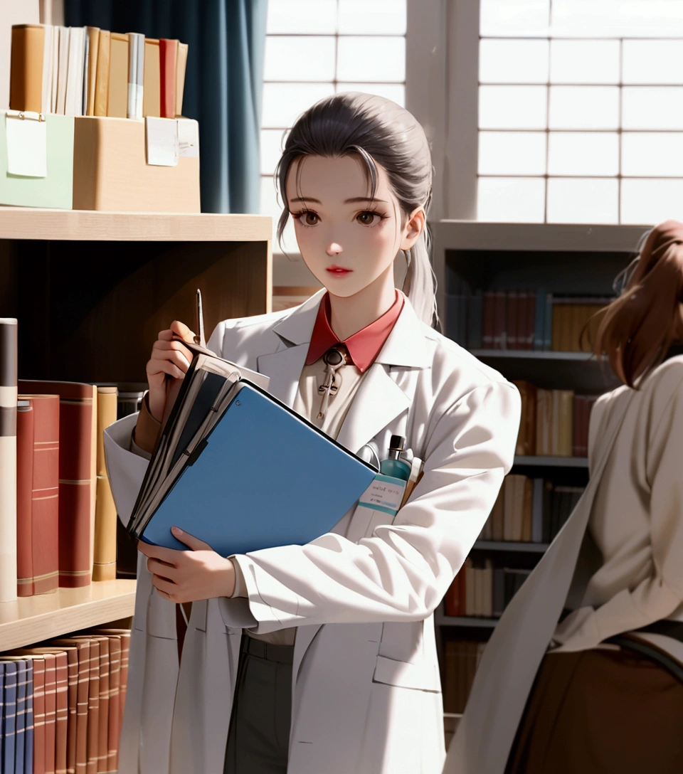 (ponytail forehead hair pulled back:1.3), arafed woman in lab coat holding a folder in a library, wearing lab coat and a blouse, bae suzy, doctor, with a lab coat, (doctor), wearing a labcoat, wearing lab coat, medical doctor, wearing a white lab coat, song hye - kyo, jaeyeon nam, scene from live action movie, wearing a lab coat, white lab coat