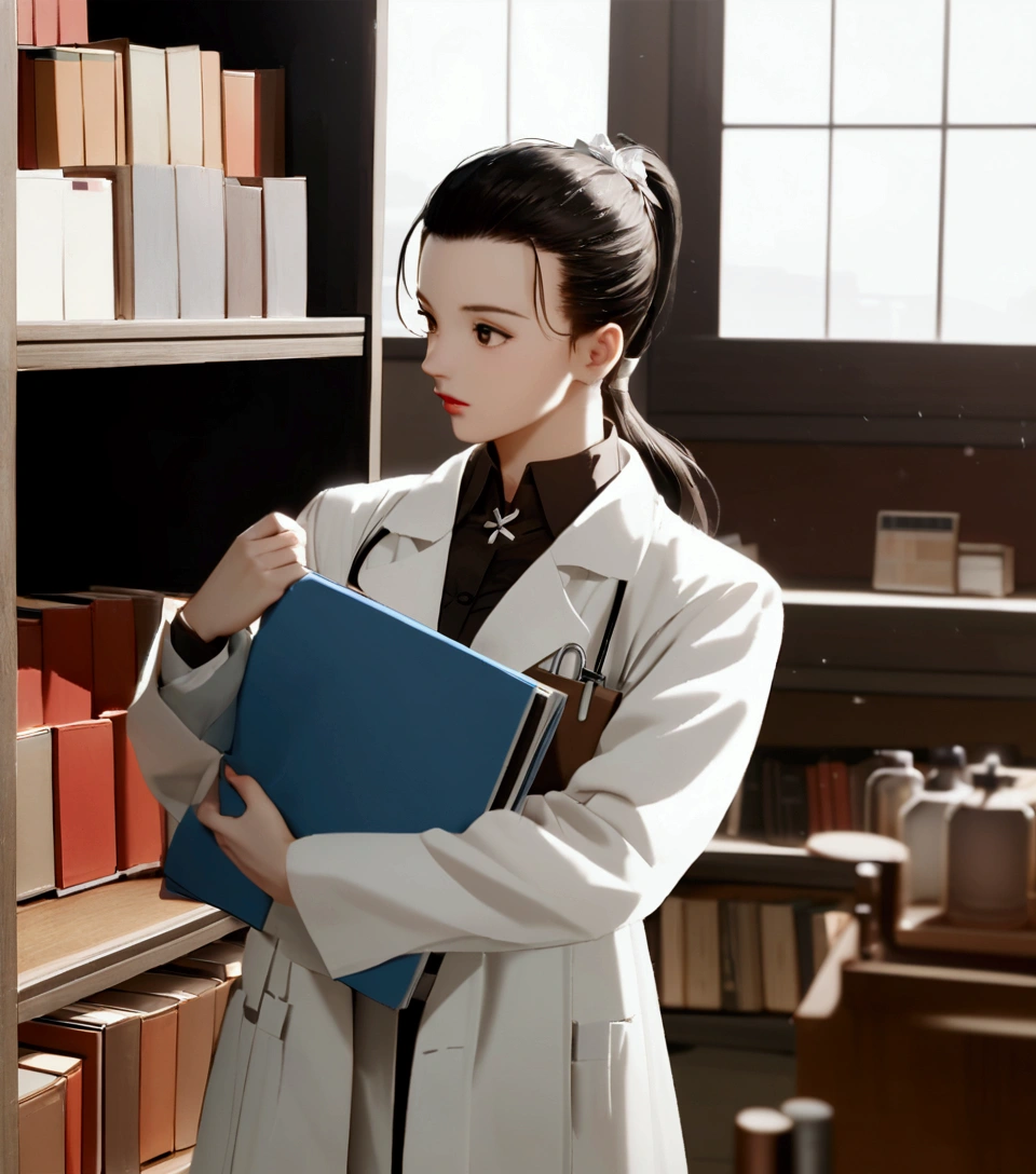 (ponytail forehead hair pulled back:1.3), arafed woman in lab coat holding a folder in a library, wearing lab coat and a blouse, bae suzy, doctor, with a lab coat, (doctor), wearing a labcoat, wearing lab coat, medical doctor, wearing a white lab coat, song hye - kyo, jaeyeon nam, scene from live action movie, wearing a lab coat, white lab coat