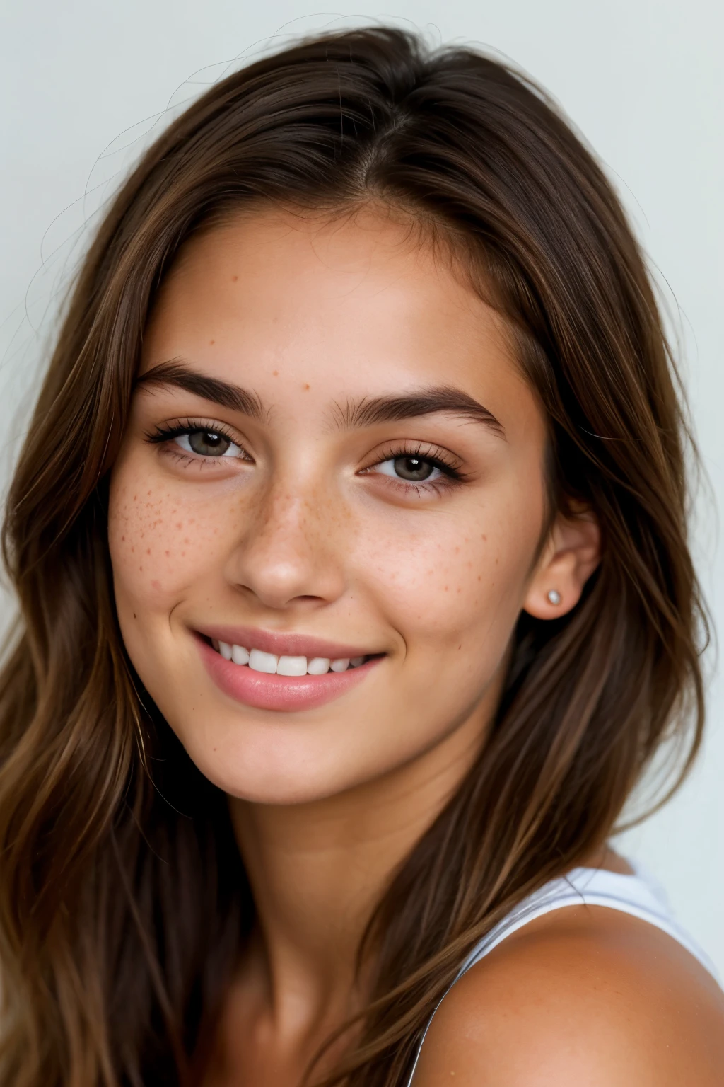 extremely detailed, hyperrealistic, Photorealistic, a beautiful French model, bionde,ultra detailed face,middle hair, brown-hair, tanned skin, yeux clairs, regard charmeur, beau sourire, pouty lips, freckles,