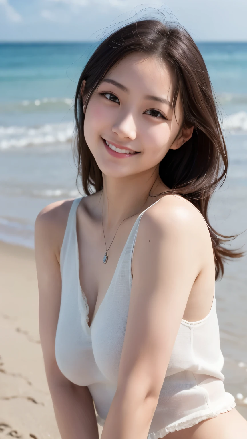 (RAW Photos, Highest quality), (Realistic, Photorealistic:1.3), masterpiece, Very delicate and beautiful, Soft Light, Beautiful detailed girl, 1 girl, Japanese, Pure beauty, cute, young, smile, Beach,sexy