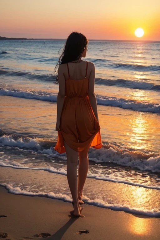 Highest quality、The beach where the sun sets、Orange sky、Shadow of a person